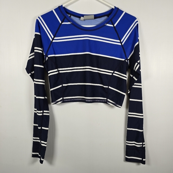 NWOT ATHLETA Blue,Black &White Striped Crop Top Rashguard UPF 50+Sz M TOP ONLY - Picture 2 of 13